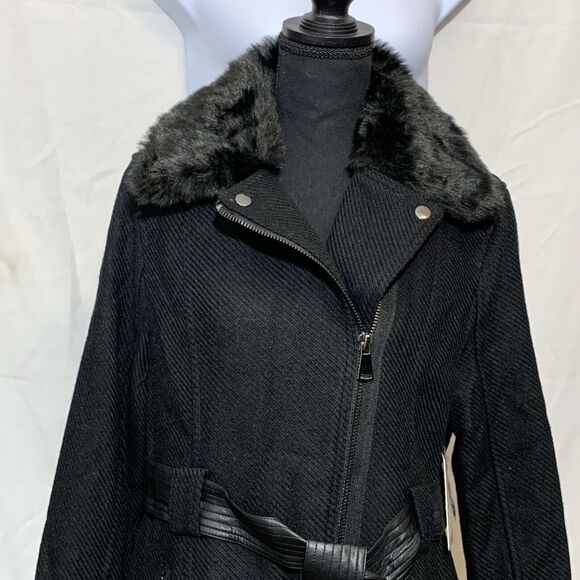 Mason Signature NWT Long Winter Coat Black Fur Collar Womens M - Picture 6 of 9